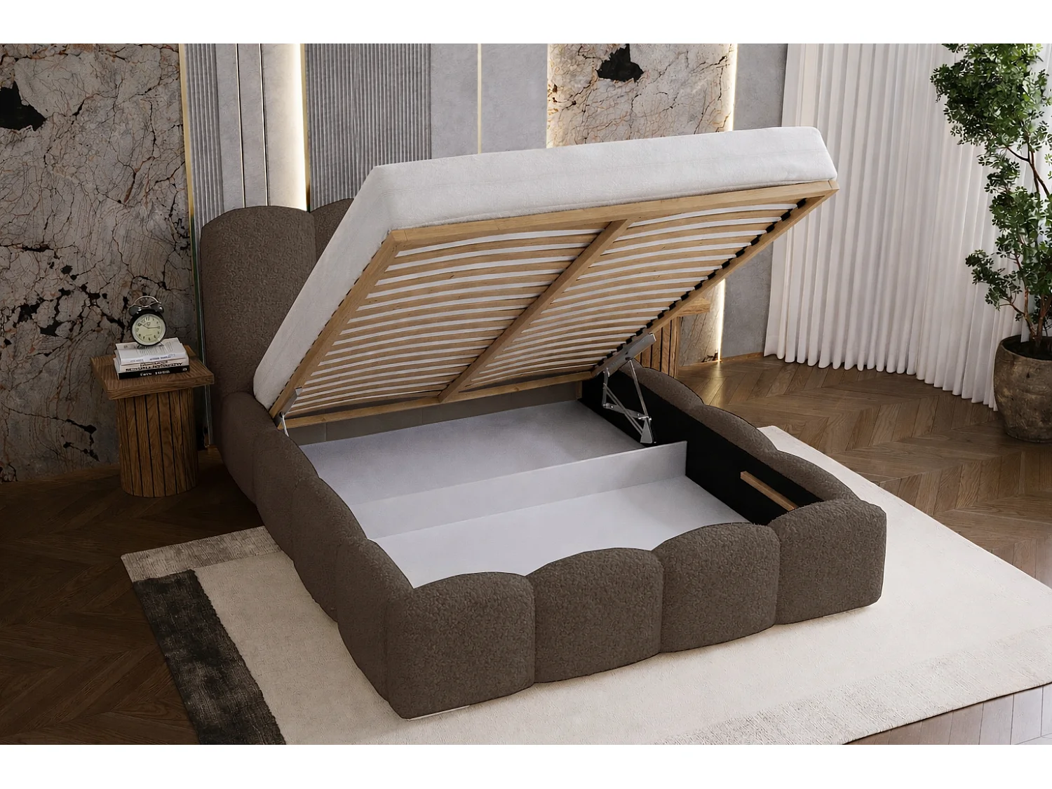 Lit adulte bouclé 200x200 Zenna - coffre de rangement, sommier - Brun (Lambi 4)