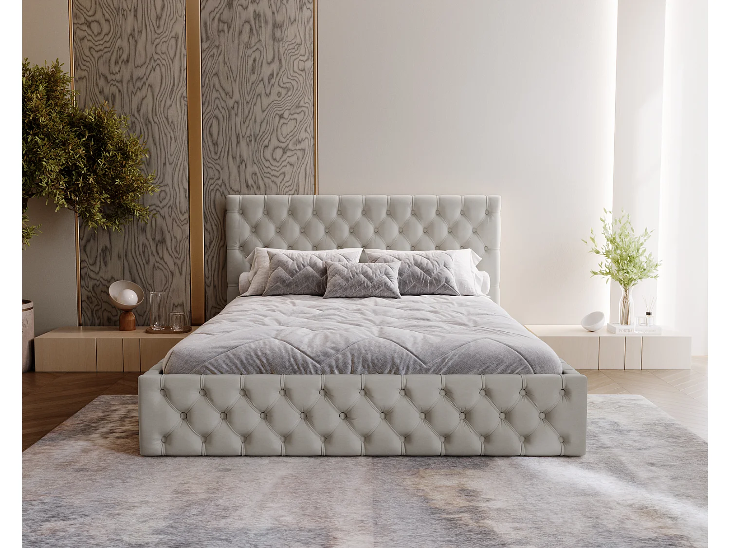 Polsterbett 180x200 Verti Slim - Samtstoff, Bett mit Bettkasten, Metall-Lattenrost - Hellgrau (Magic Velvet 2218)