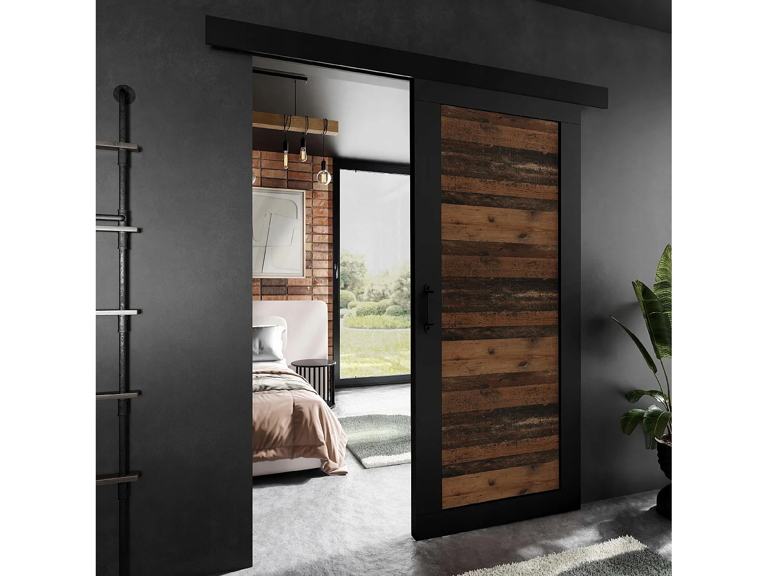 Porte coulissante ADIO 1 avec cache-rail noir et Old Style 90