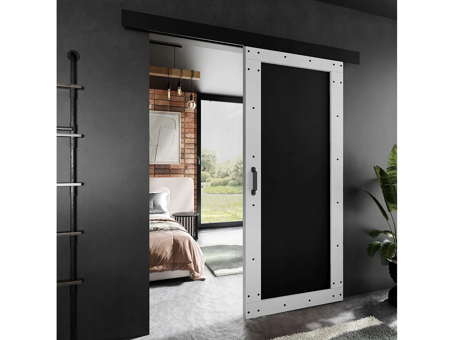 Porte coulissante ADIO 2 avec cache-rail blanc et noir 70