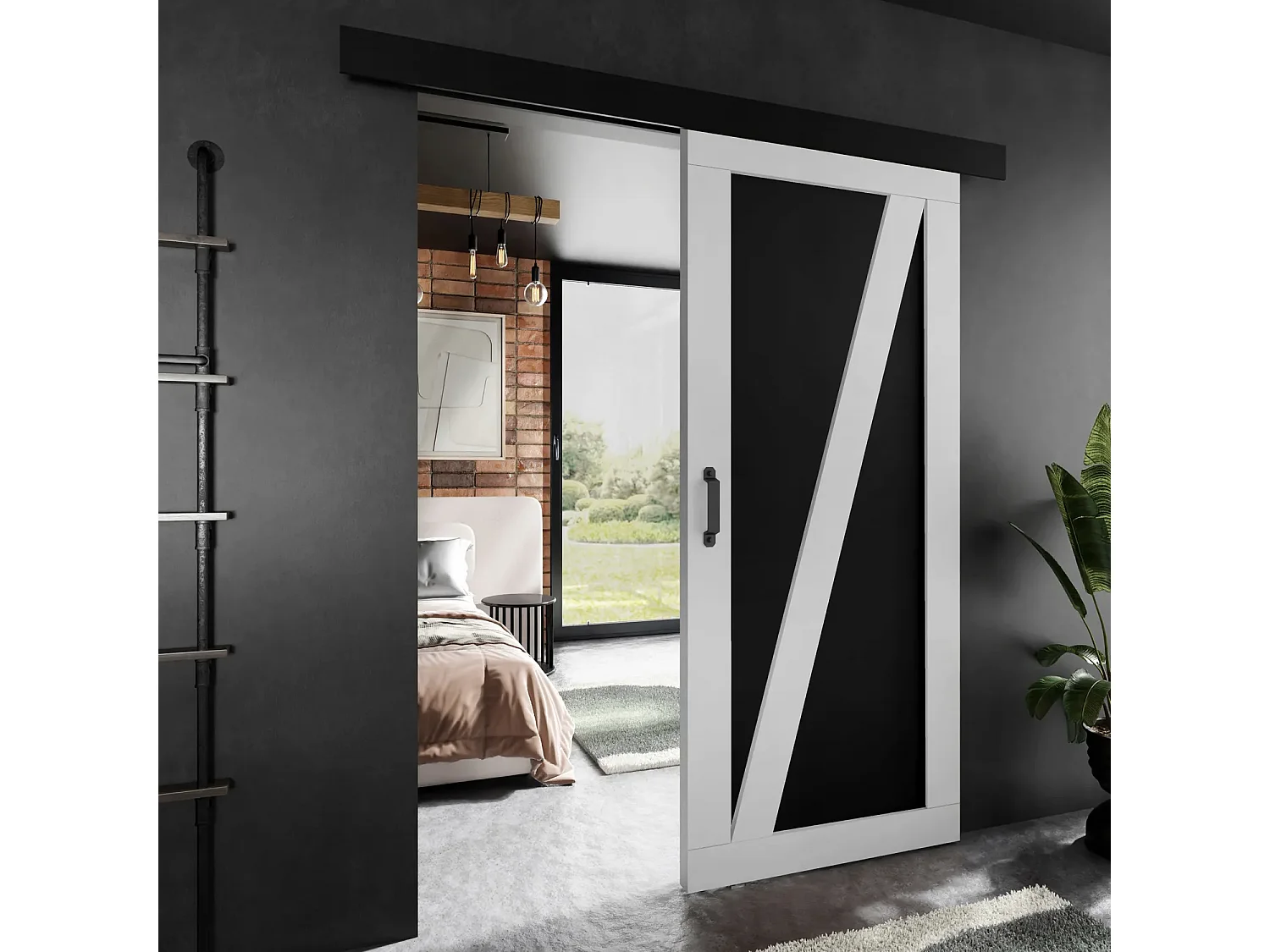 Porte coulissante ADIO 3 avec cache-rail blanc et noir 60