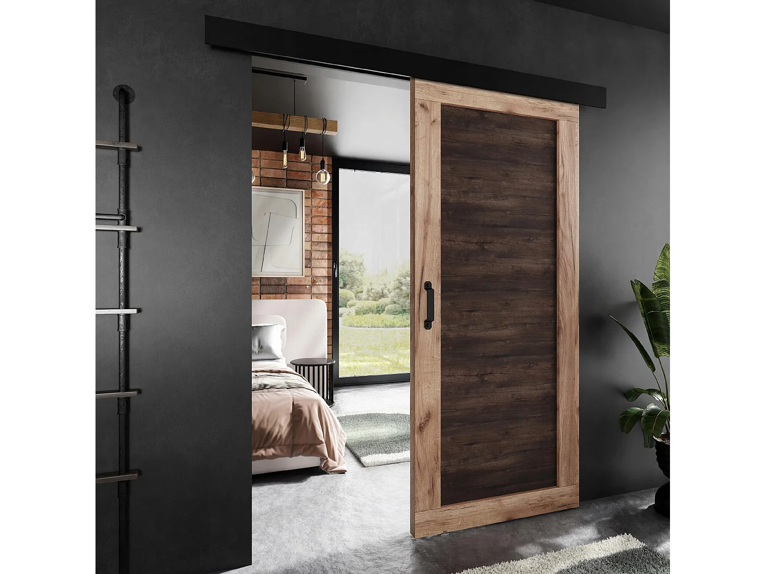 Porte coulissante ADIO 1 avec cache-rail chêne craft doré et frêne foncé 106 cm