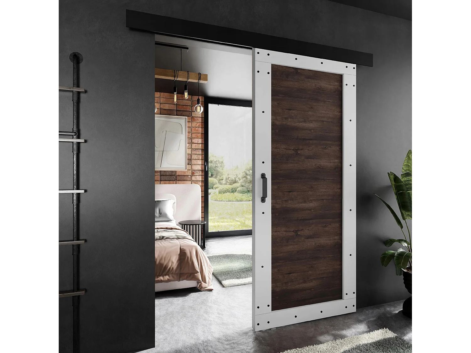 Porte coulissante ADIO 2 avec cache-rail blanc et frêne foncé 90