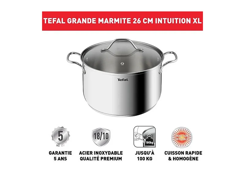 TEFAL B8646404 Marmite 26 cm inox, Tous feux dont induction, Garantie 5 ans, Poignées robustes, Couvercle verre, Intuition XL
