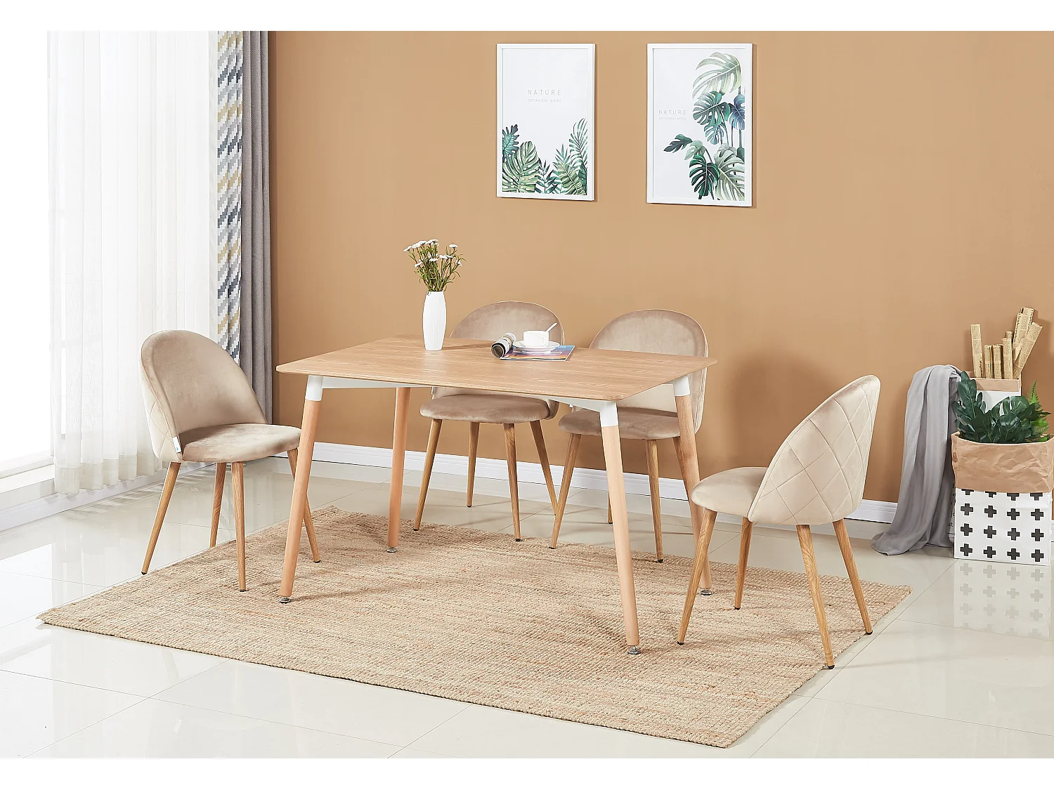 LUCIA - Table à Manger Rectangulaire Effet Chêne + 4 Chaises en Velours Beiges - Style Scandinave