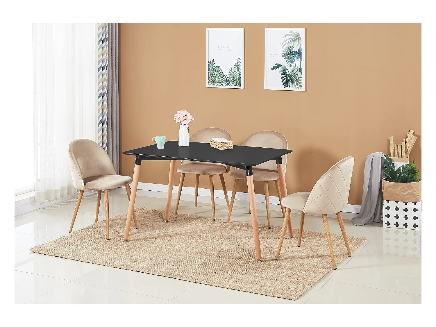 LUCIA - Table à Manger Rectangulaire Noire + 4 Chaises en Velours Beiges - Style Scandinave