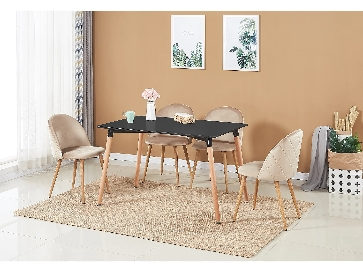 LUCIA - Table à Manger Rectangulaire Noire + 4 Chaises en Velours Beiges - Style Scandinave