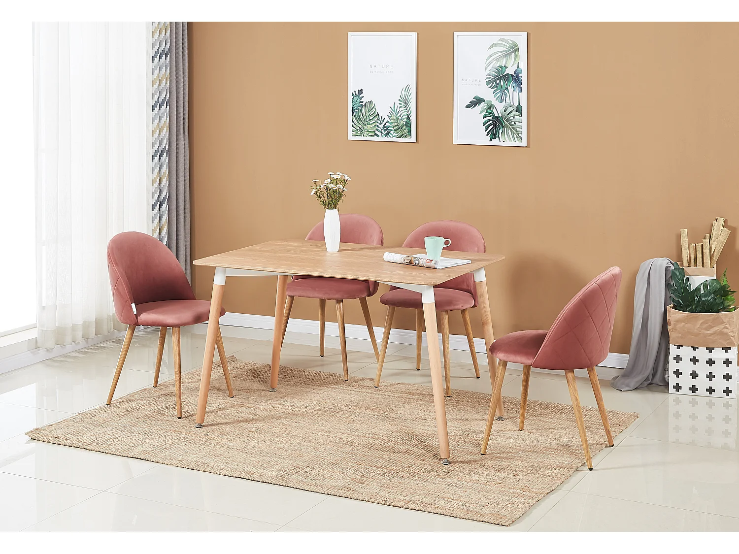 LUCIA - Table à Manger Rectangulaire Effet Chêne + 4 Chaises en Velours Roses - Style Scandinave