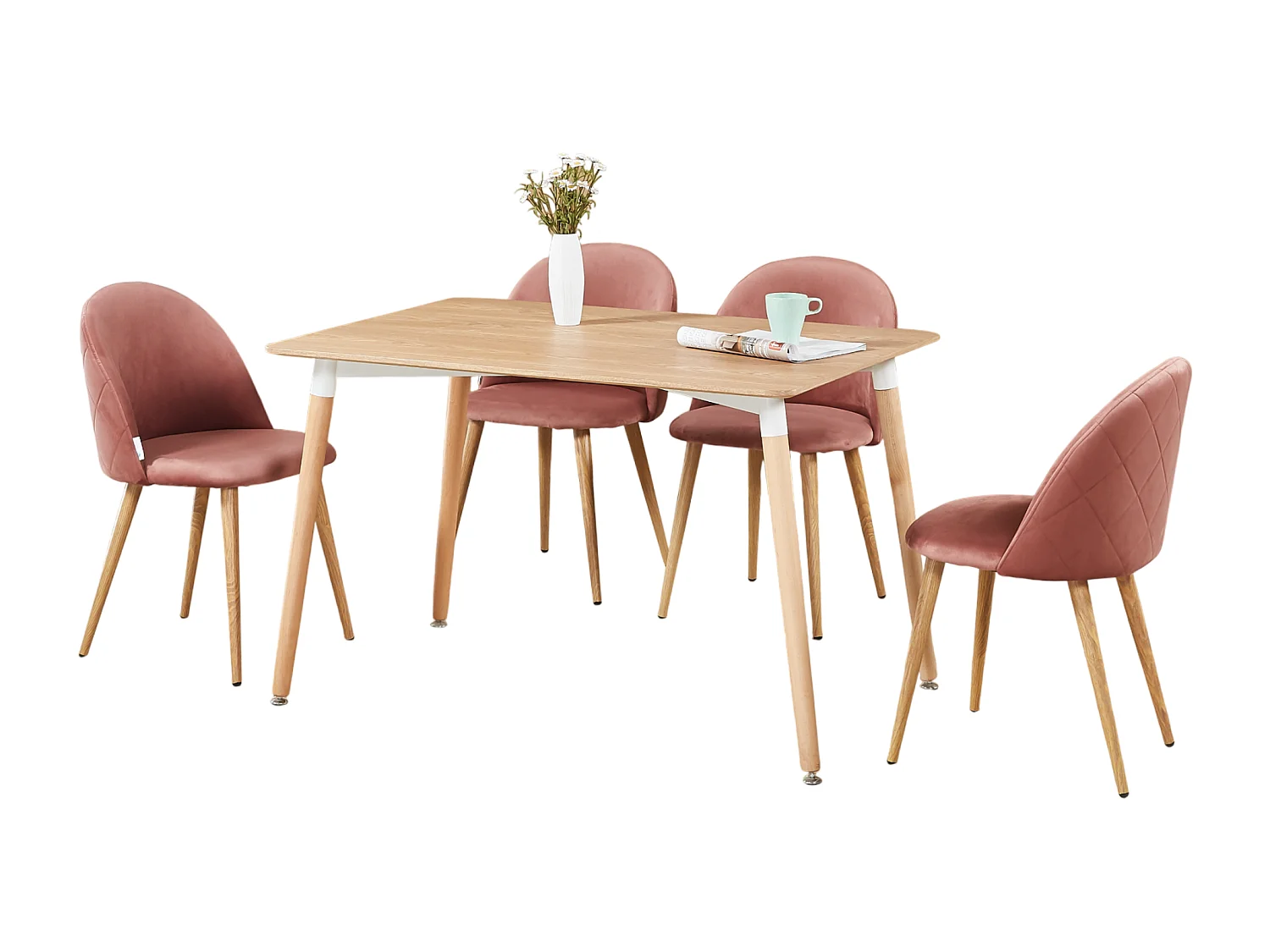 LUCIA - Table à Manger Rectangulaire Effet Chêne + 4 Chaises en Velours Roses - Style Scandinave