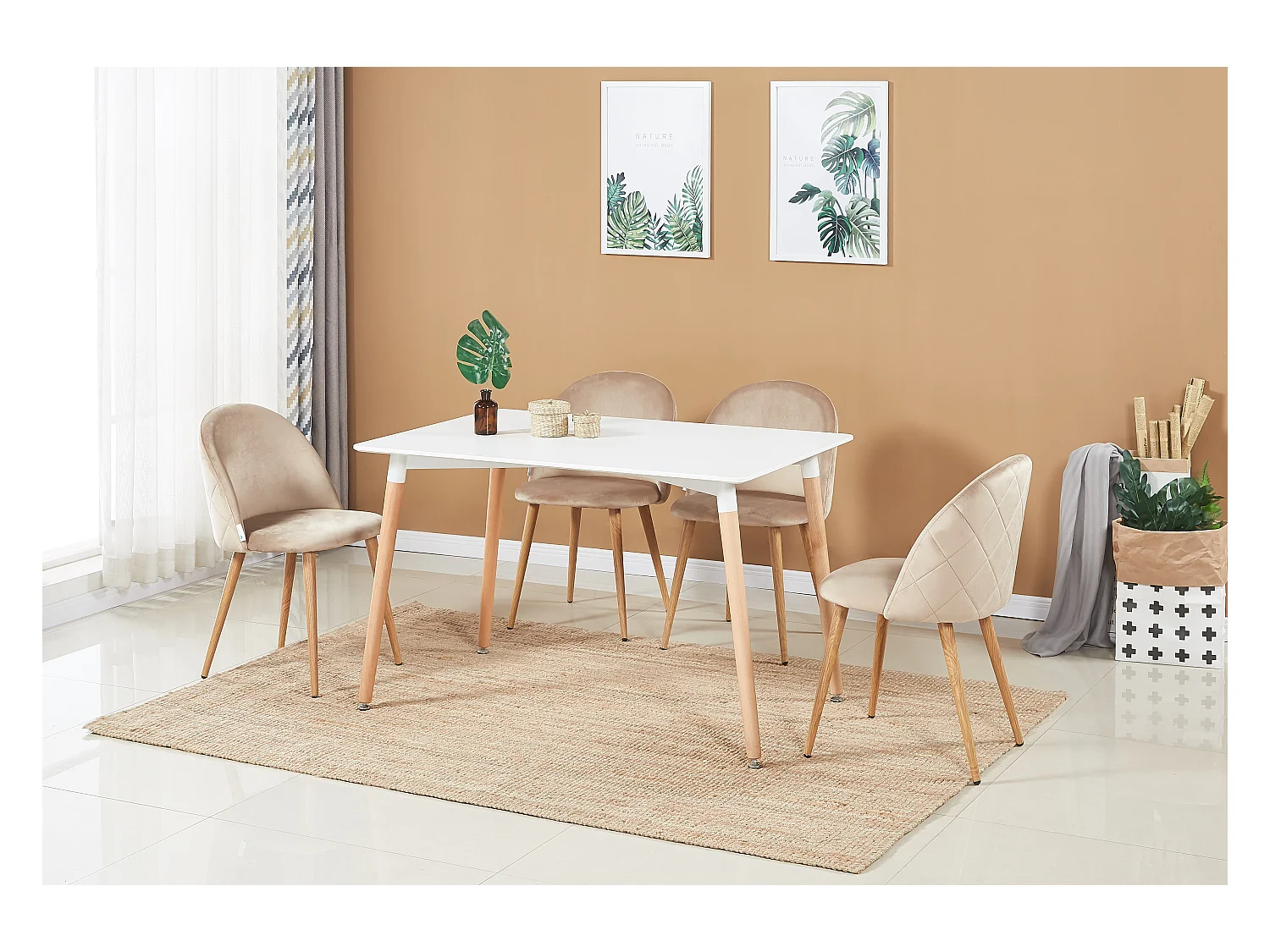 LUCIA - Table à Manger Rectangulaire Blanche + 4 Chaises en Velours Beiges - Style Scandinave