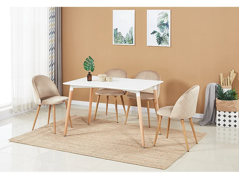 LUCIA - Table à Manger Rectangulaire Blanche + 4 Chaises en Velours Beiges - Style Scandinave