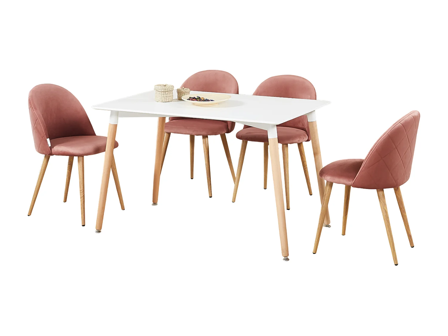 LUCIA - Table à Manger Rectangulaire Blanche + 4 Chaises en Velours Roses - Style Scandinave