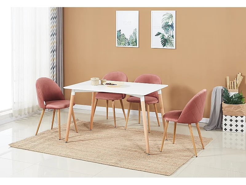 LUCIA - Table à Manger Rectangulaire Blanche + 4 Chaises en Velours Roses - Style Scandinave