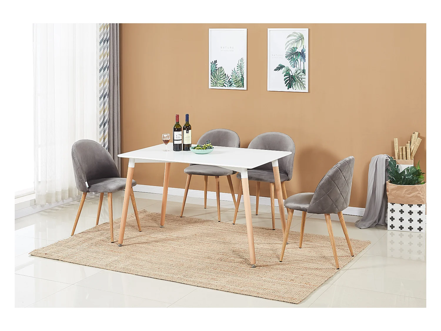 LUCIA - Table à Manger Rectangulaire Blanche + 4 Chaises en Velours Grises - Style Scandinave