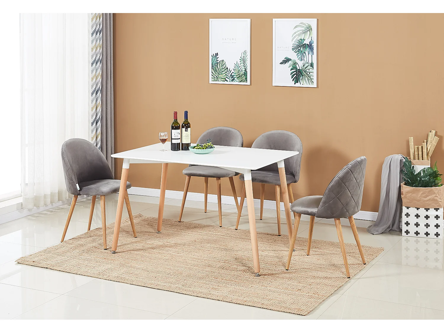 LUCIA - Table à Manger Rectangulaire Blanche + 4 Chaises en Velours Grises - Style Scandinave