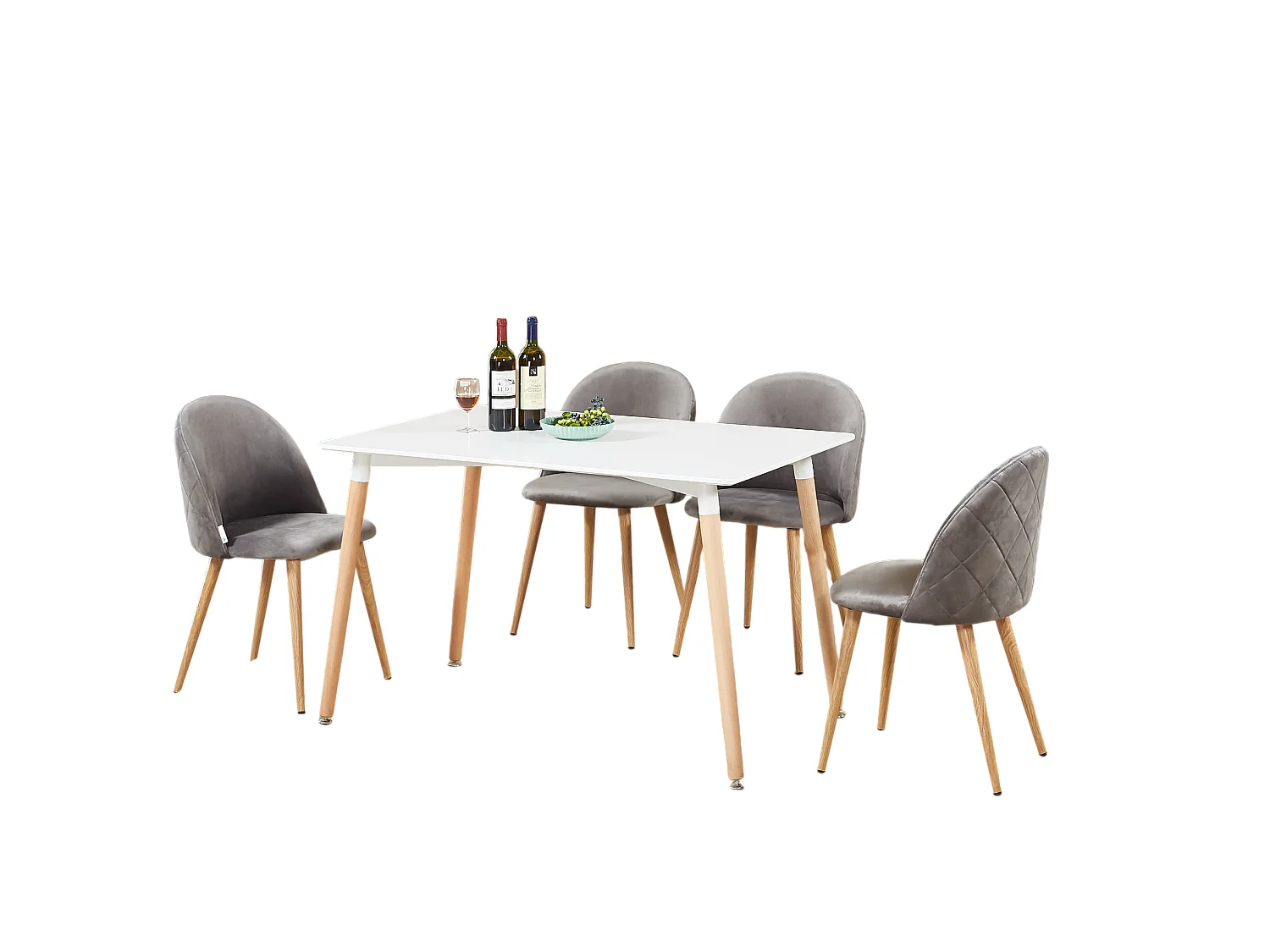 LUCIA - Table à Manger Rectangulaire Blanche + 4 Chaises en Velours Grises - Style Scandinave