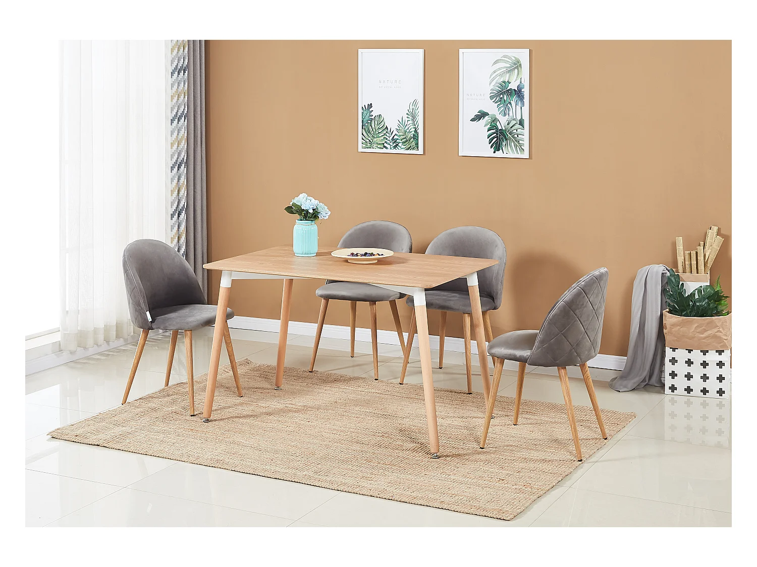 LUCIA - Table à Manger Rectangulaire Effet Chêne + 4 Chaises en Velours Grises - Style Scandinave