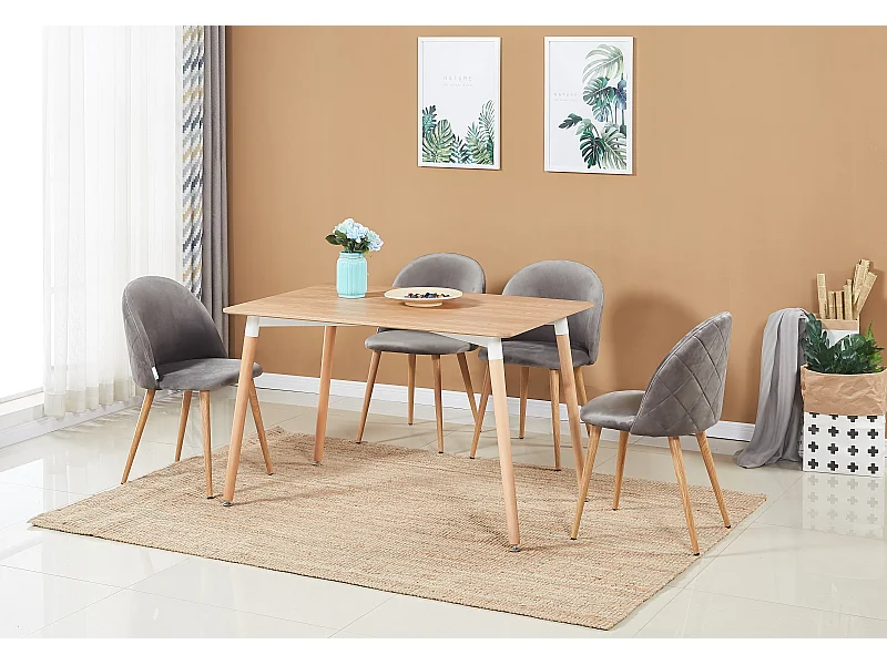 LUCIA - Table à Manger Rectangulaire Effet Chêne + 4 Chaises en Velours Grises - Style Scandinave