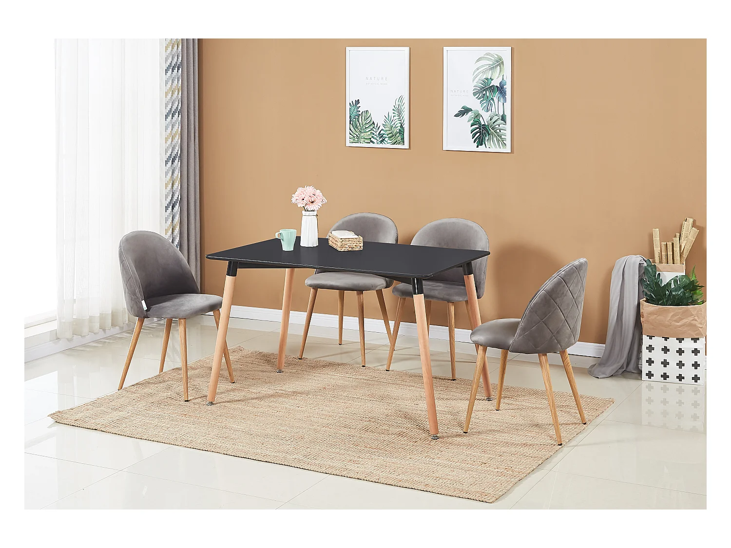 LUCIA - Table à Manger Rectangulaire Noire + 4 Chaises en Velours Grises - Style Scandinave