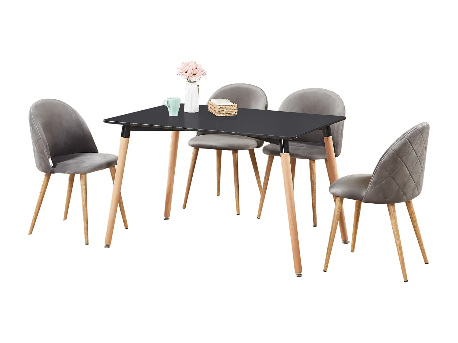 LUCIA - Table à Manger Rectangulaire Noire + 4 Chaises en Velours Grises - Style Scandinave