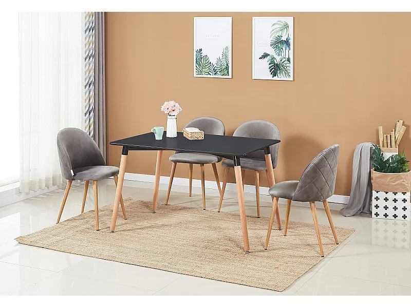 LUCIA - Table à Manger Rectangulaire Noire + 4 Chaises en Velours Grises - Style Scandinave