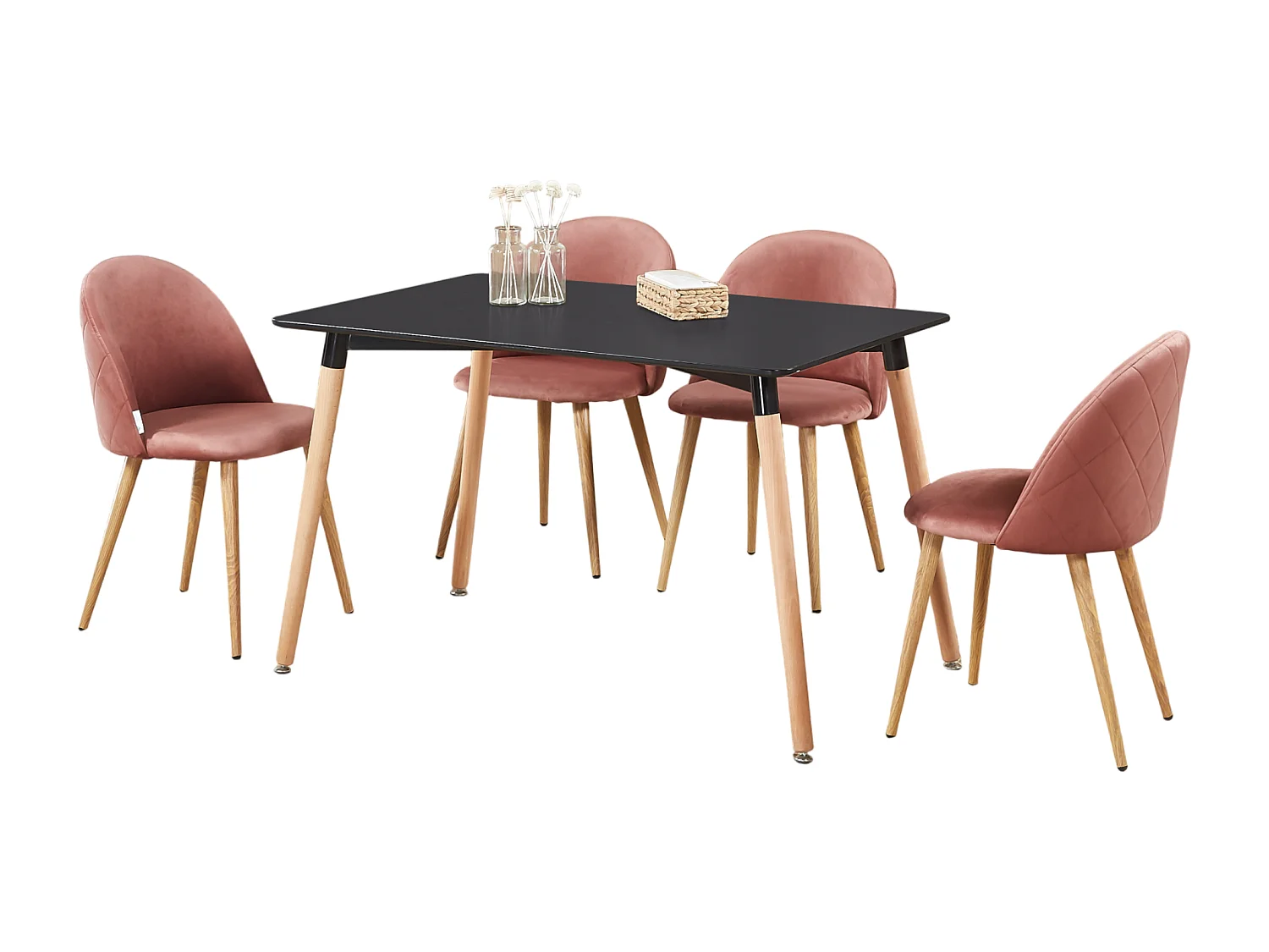 LUCIA - Table à Manger Rectangulaire Noire + 4 Chaises en Velours Roses - Style Scandinave