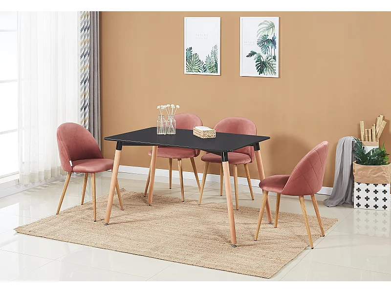LUCIA - Table à Manger Rectangulaire Noire + 4 Chaises en Velours Roses - Style Scandinave