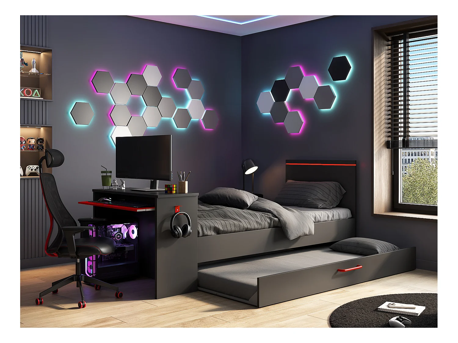Ausziehbett Gamer mit Schreibtisch & LEDs - 90 x 200 und 90 x 190 cm + Lattenrost + Matratze - Anthrazit & Rot - VOUANI