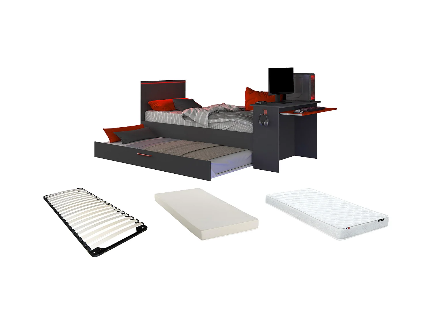 Ausziehbett Gamer mit Schreibtisch & LEDs - 90 x 200 und 90 x 190 cm + Lattenrost + Matratze - Anthrazit & Rot - VOUANI