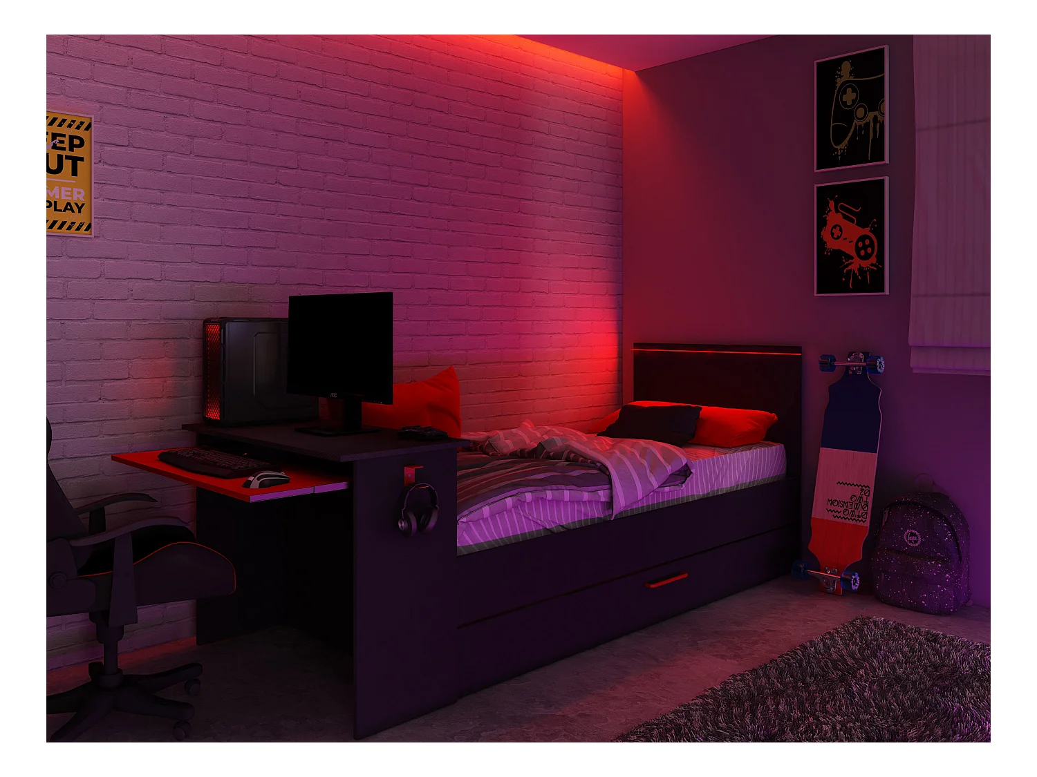 Ausziehbett Gamer mit Schreibtisch & LEDs - 90 x 200 und 90 x 190 cm + Lattenrost + Matratze - Anthrazit & Rot - VOUANI