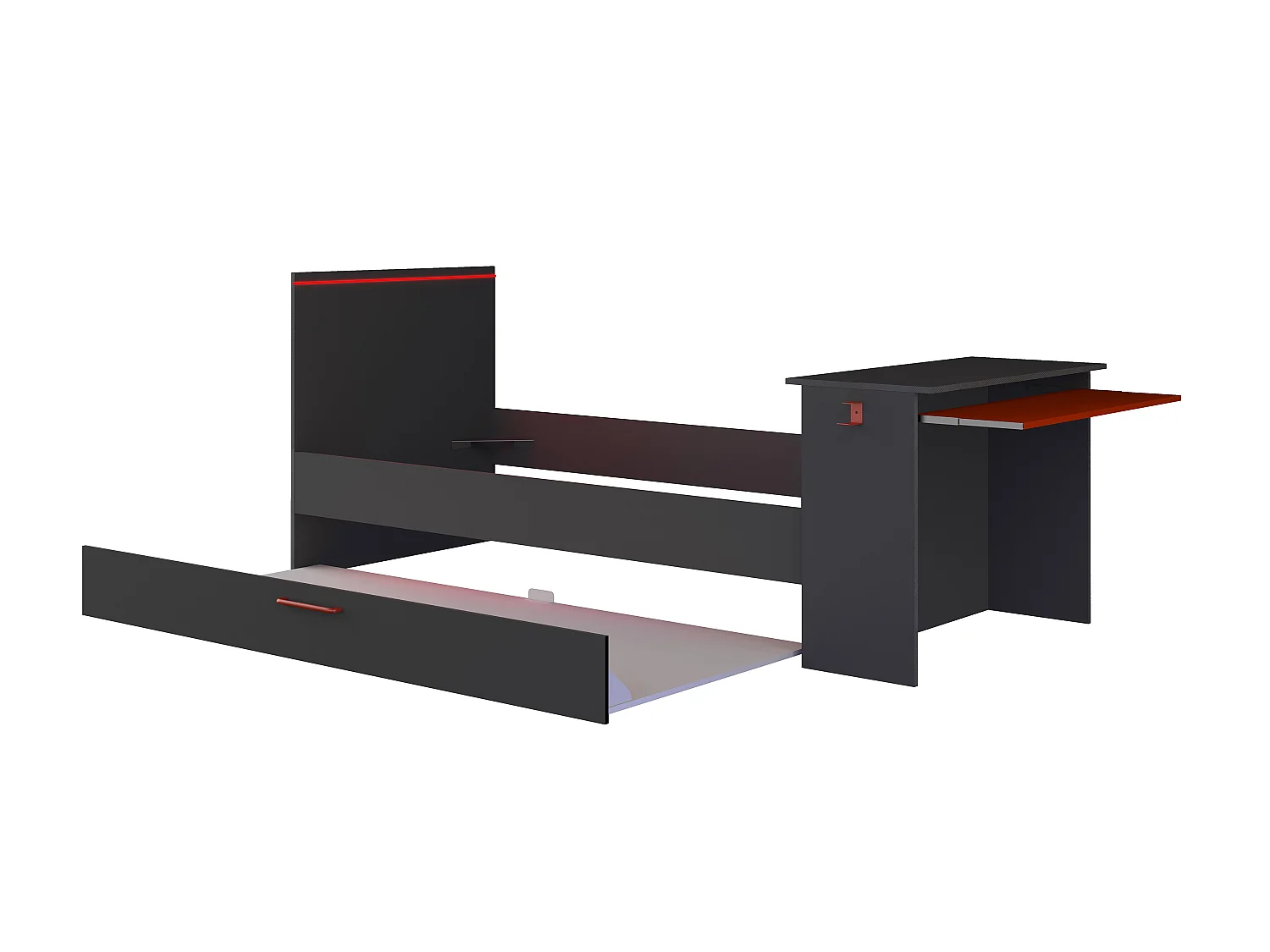Ausziehbett Gamer mit Schreibtisch & LEDs - 90 x 200 und 90 x 190 cm + Lattenrost + Matratze - Anthrazit & Rot - VOUANI