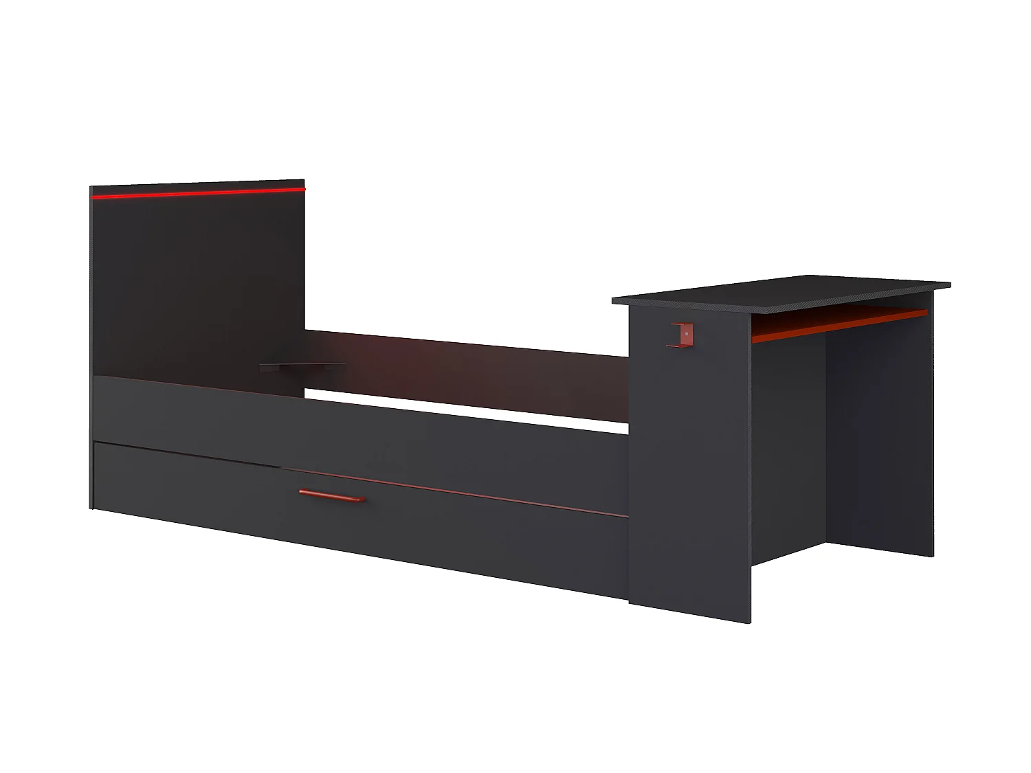 Ausziehbett Gamer mit Schreibtisch & LEDs - 90 x 200 und 90 x 190 cm + Lattenrost + Matratze - Anthrazit & Rot - VOUANI