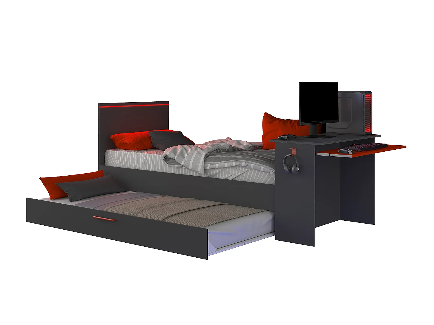 Cama nido gamer 90 x 200 et 90 x 190 cm - Con escritorio - LEDs - Antracita y rojo + colchón + Somier - VOUANI