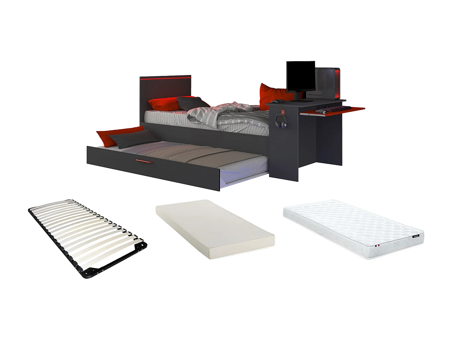 Lit gigogne gamer 90 x 200 et 90 x 190 cm - Avec bureau - LEDs - Anthracite et rouge + Matelas + Sommier - VOUANI