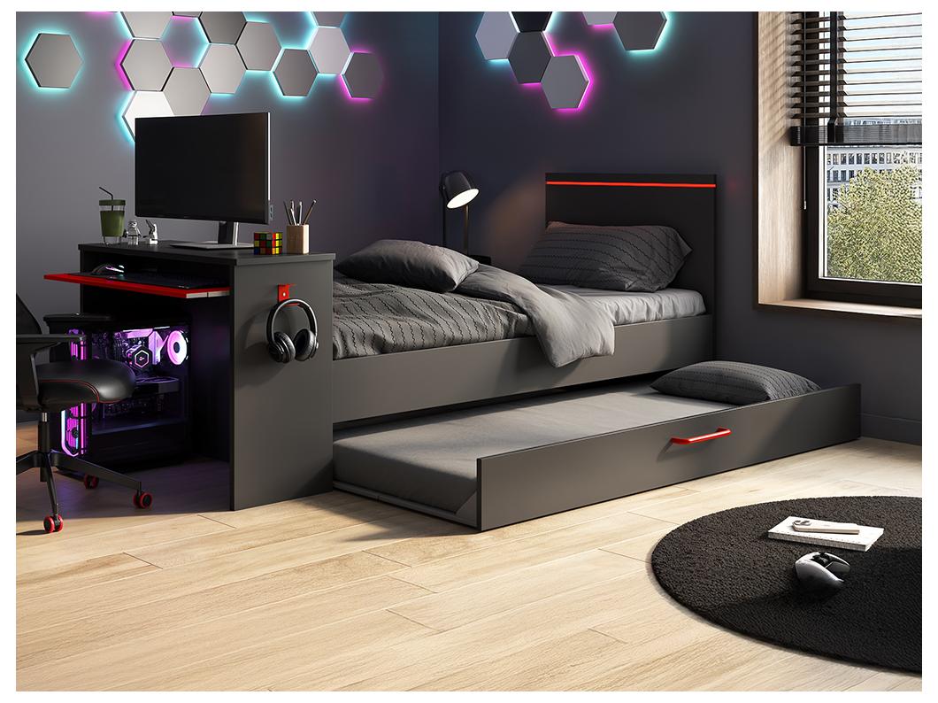 Lit gigogne gamer 90 x 200 et 90 x 190 cm - Avec bureau - LEDs - Anthracite et rouge + Matelas + Sommier - VOUANI