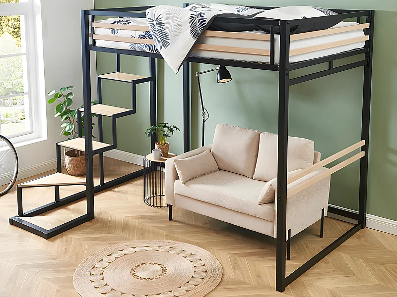 Cama alta 140 x 200 cm - metal y MDF - Negro y natural + colchón - JOGUI