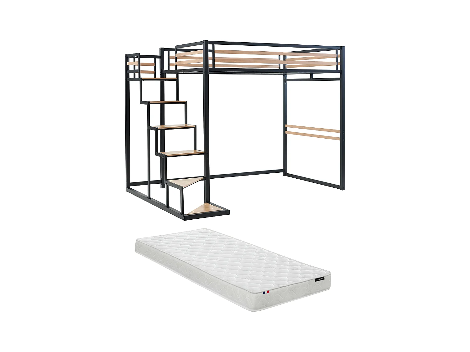 Lit mezzanine 140 x 200 cm - Métal et MDF - Noir et naturel + Matelas - JOGUI
