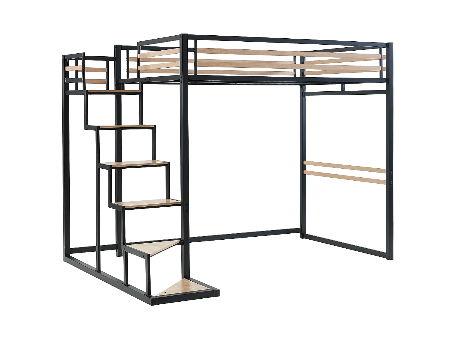 Lit mezzanine 140 x 200 cm - Métal et MDF - Noir et naturel + Matelas - JOGUI