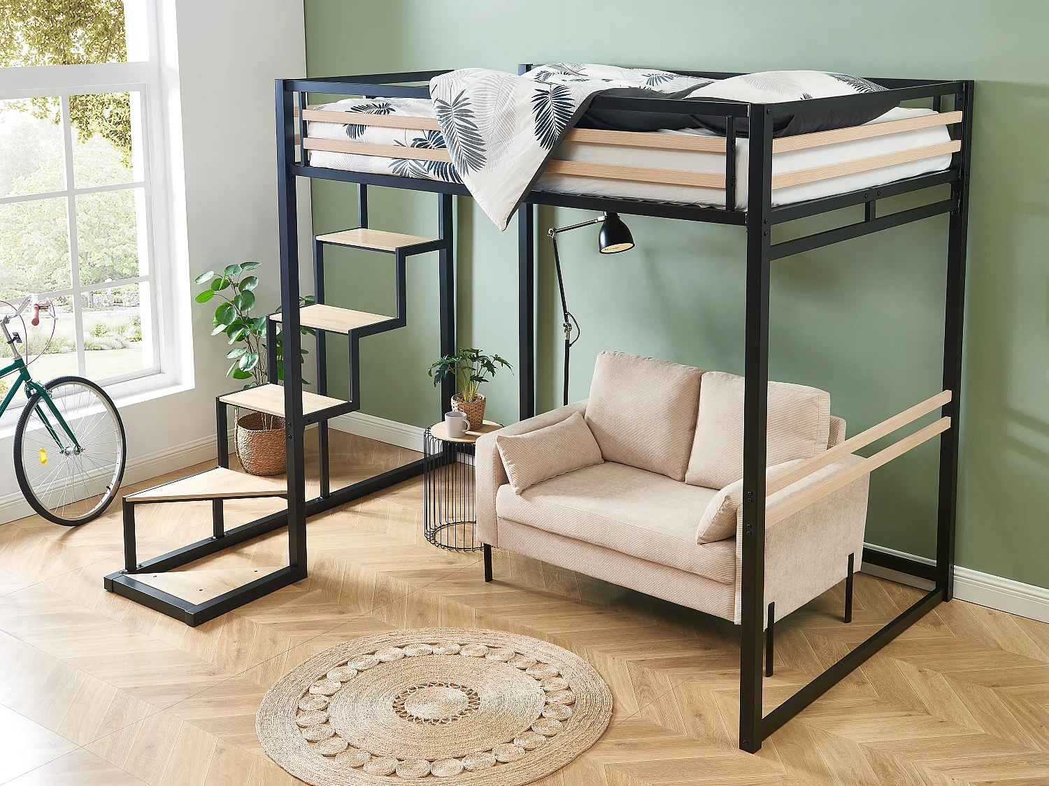 Lit mezzanine 140 x 200 cm - Métal et MDF - Noir et naturel + Matelas - JOGUI