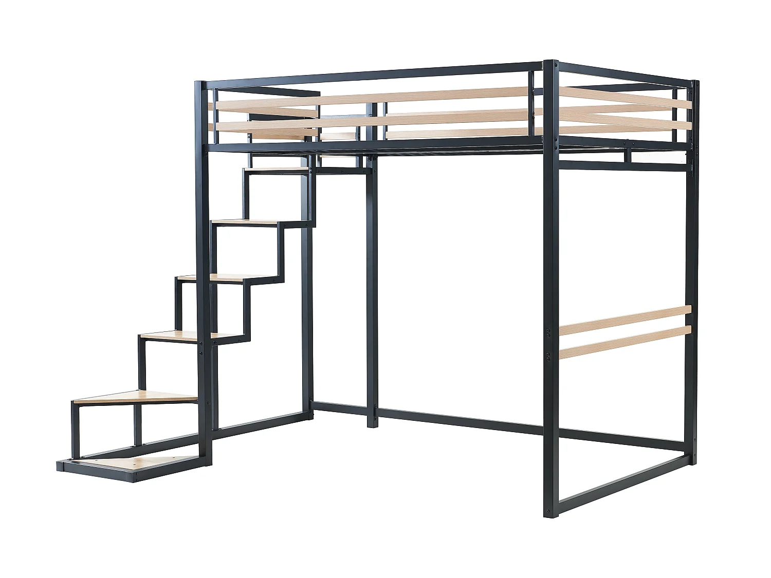 Lit mezzanine 140 x 200 cm - Métal et MDF - Noir et naturel + Matelas - JOGUI