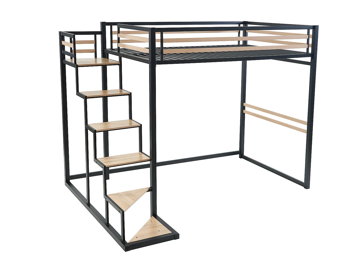 Lit mezzanine 140 x 200 cm - Métal et MDF - Noir et naturel + Matelas - JOGUI