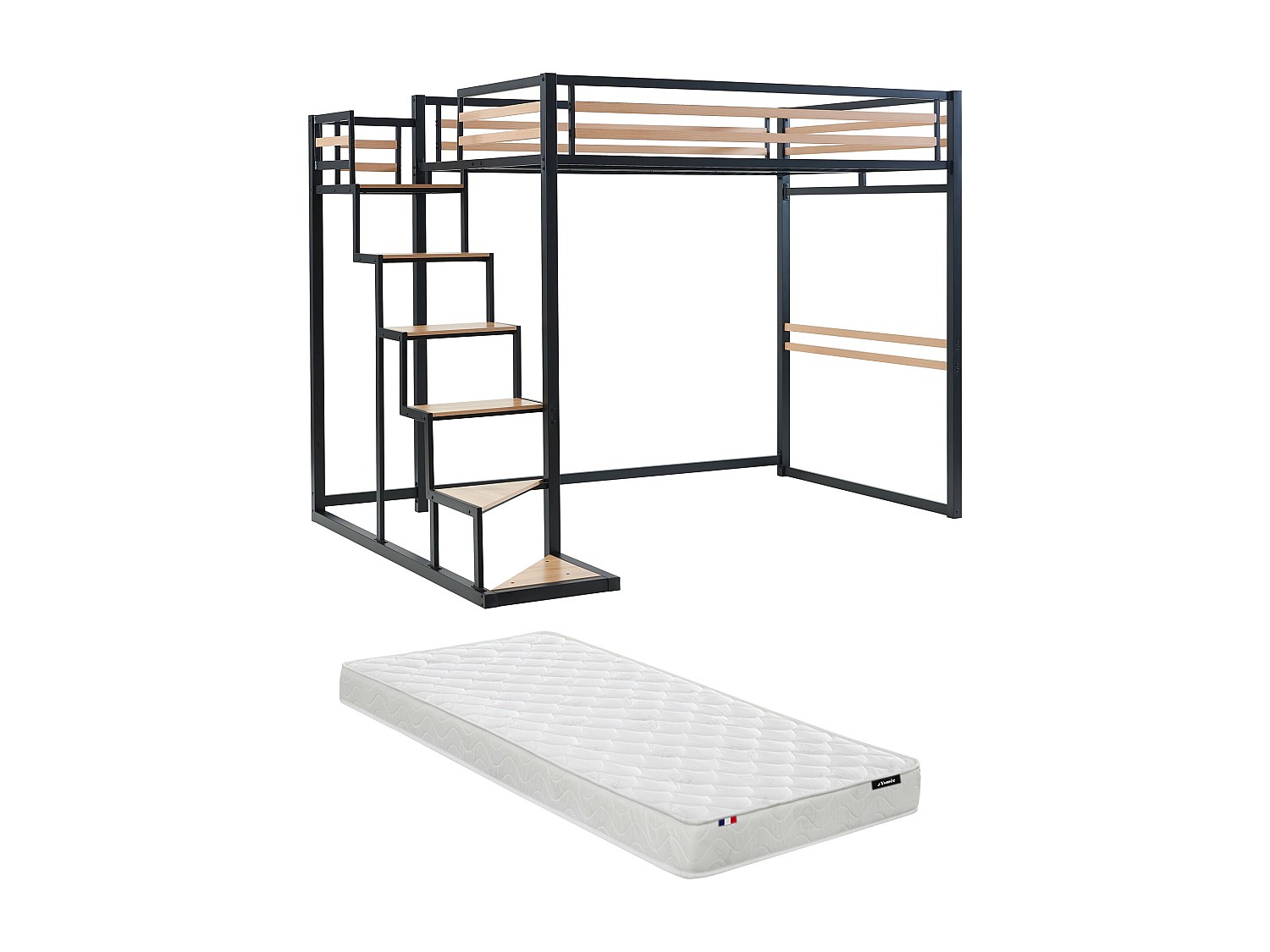 Hochbett mit Matratze - 140 x 200 cm - Metall & MDF - Naturfarben & Schwarz günstig online kaufen