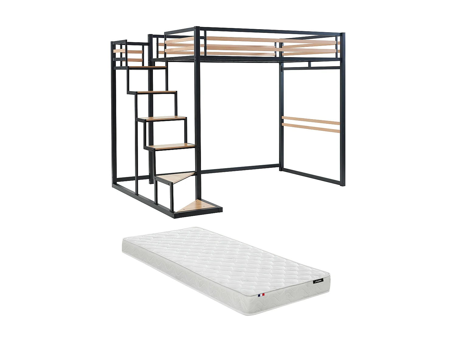 Hoogslaper 140 x 200 cm - Metaal en MDF - Zwart en naturel + Matras - JOGUI