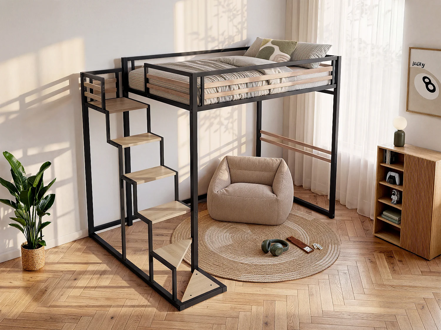 Letto a soppalco 140 x 200 cm Metallo e MDF Nero e Naturale + Materasso - JOGUI