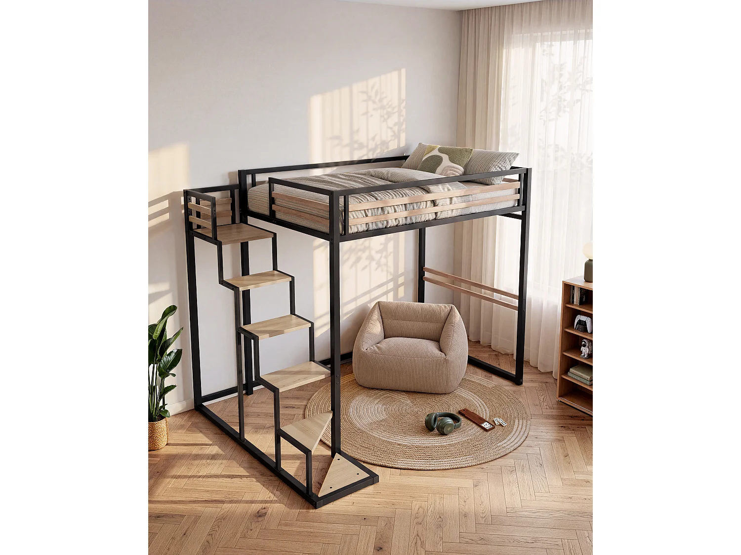 Letto a soppalco 140 x 200 cm Metallo e MDF Nero e Naturale + Materasso - JOGUI