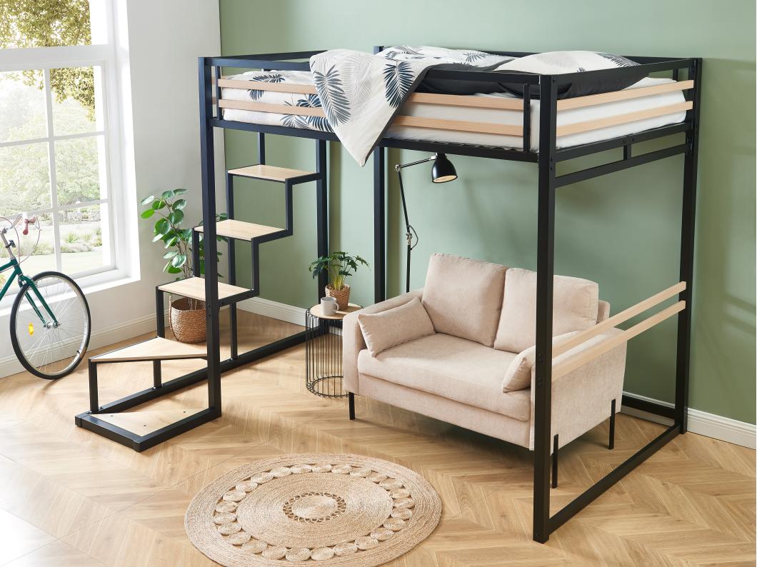 Łóżko antresola 140 × 200 cm – metal i MDF – kolor czarny i naturalny – z materacem w zestawie – JOGUI