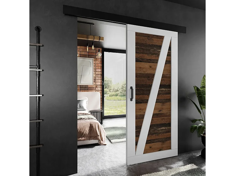 Porte coulissante ADIO 3 avec cache-rail blanc et Old Style 90