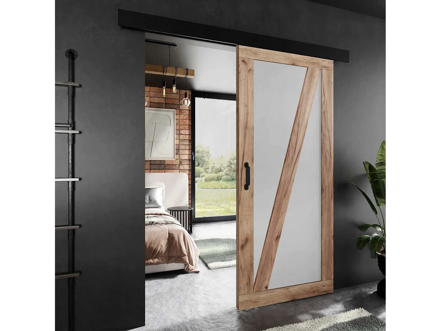 Porte coulissante ADIO 3 avec cache-rail chêne craft doré et blanc 80