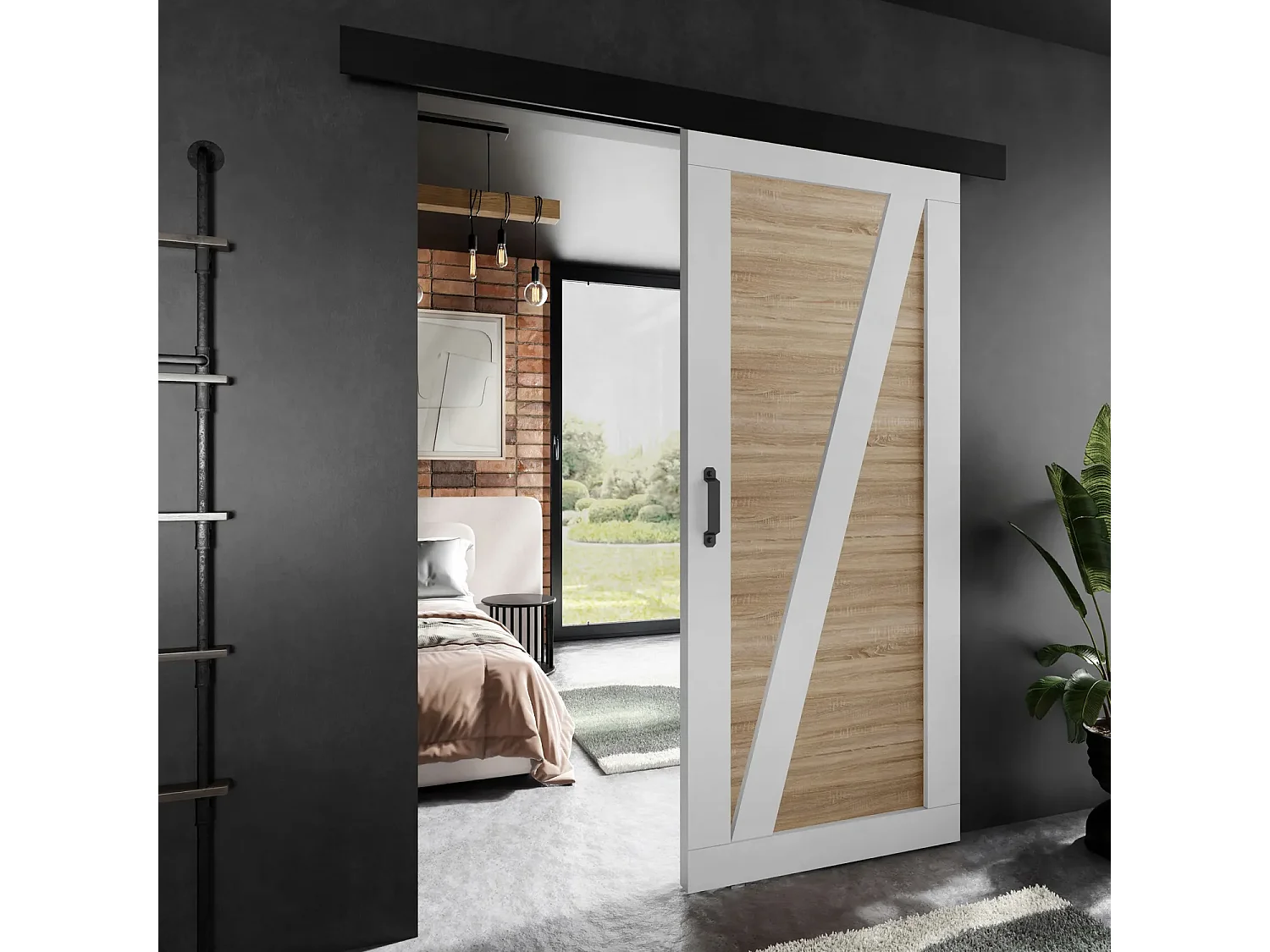 Porte coulissante ADIO 3 avec cache-rail blanc et chêne sonoma 100