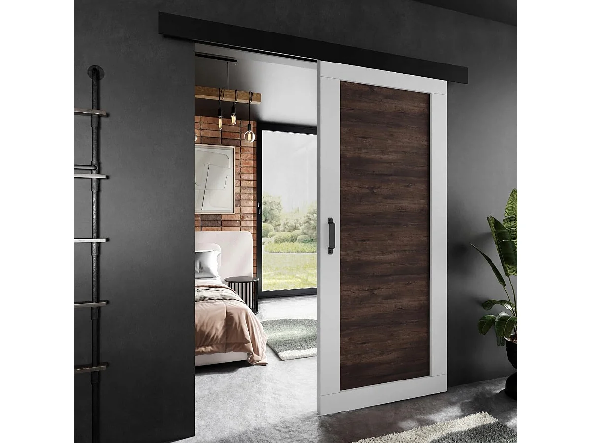 Porte coulissante ADIO 1 avec cache-rail blanc et frêne foncé 90
